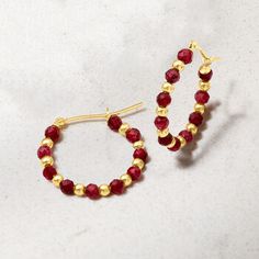 Ross-Simons - 4.90 ct. t. w. Ruby Bead Hoop Earrings in 14kt Yellow Gold. 7/8". Treat yourself to classic gemstone color in a pair you'll wear nonstop! These just-right hoop earrings are the perfect pop to your daily dress, featuring 4.90 ct. t. w. round faceted ruby beads that alternate with chic 14kt yellow gold spacer beads. Also makes an ideal gift for July babies! Hanging length is 7/8". Snap-bar, 14kt yellow gold and ruby bead hoop earrings. Ruby birthstones are the perfect gift for July b Elegant Hoop Earrings With Faceted Beads, Elegant Gold Hoop Earrings With Faceted Beads, Elegant Small Hoop Faceted Earrings, Elegant Round Faceted Hoop Earrings, Faceted Yellow Gold Hoop Jewelry, Faceted Yellow Gold Round Hoop Earrings, Faceted Yellow Gold Hoop Earrings, Yellow Gold Faceted Round Hoop Earrings, Bead Hoop Earrings