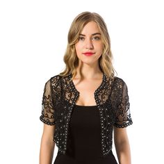 Black Khaki Short Sleeve Lace Hollow Out Jacket - Uniqistic.com Coat 2020, Summer Style Women, Short Sleeve Bolero, Short Sleeve Coat, Basic Coat, Shawl Fashion, Lace Coat, Ladies Short Jackets, Lace Bolero