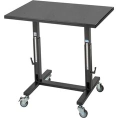 a black table with wheels on it