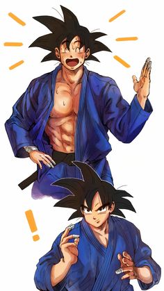 two anime characters one with black hair and the other without his shirt, both wearing blue