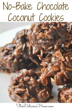 no - bake chocolate coconut cookies on a white plate