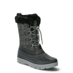 Designed to conquer cold weather with grace and charm, the Ozark Trail Women's Tall Lace Up Boots are your ultimate companion for snowy escapades and urban adventures alike. Featuring a flannel fabric upper with a faux fur trim collar, and a secure lace up closure with bungee toggle, you will be sure to navigate winter in style. The rugged TPR outsole provides a skid resistant tred along with a memory foam sock for added comfort. Temperature rated to -5 F. Spot Clean. Imported. Made in China. Si Winter Snow Boots With Lace-up Design, Weatherproof Winter Boots For Cold Weather, Black Waterproof Boots For Winter Outdoor Activities, Winter Outdoor Boots With Synthetic Material, Synthetic Winter Boots For Outdoor Use, Synthetic Boots For Outdoor Winter Activities, Winter Weatherproof Synthetic Waterproof Boots, Winter Insulated Waterproof Synthetic Boots, Synthetic Boots For Winter Outdoor Activities