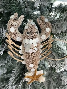 an ornament is hanging on a christmas tree with seashells and starfish