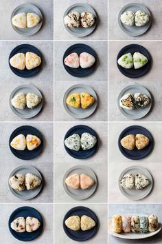 twelve plates with different types of food on them, all arranged in the same pattern