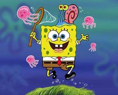 an animated spongebob character is jumping in the air with a fishing rod and jellyfish