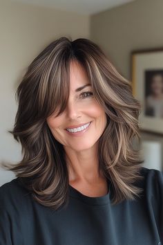 Click for More ➡️ | Save for Later ❤️Medium-length hair paired with curtain bangs in a deep brown hue creates a trendy, flattering shape for any face type. (Curtain Bangs with Dark Brown Blending - Medium Length Haircuts For Older Women) Curtain Bangs Medium Hair, Women Celebrating, Medium Length Haircuts, Haircuts For Older Women, Haircut For Older Women, Aging Well, Deep Brown, Save For Later, Curtain Bangs