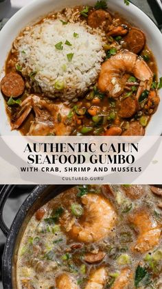 an overhead view of authentic cajun seafood gumbo with crab, shrimp and mussels