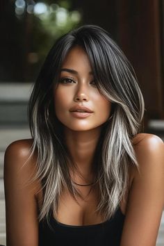 30 Chic Fall Hair Colors for Every Length Hair Colors For Medium Brown Hair, A Few Highlights On Dark Hair, Long Women Haircut, Alyson Hannigan Hair, Hair Color Ideas For Layered Hair, Hairstyle And Color Ideas, Medium Length Dark Hair With Layers, Dark Hair With Silver Streaks, Demi Gray Blending Brunette