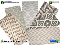 four different types of rugs in various colors and patterns, with the same logo