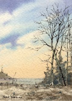 a watercolor painting of trees in the snow by the ocean at sunset or dawn