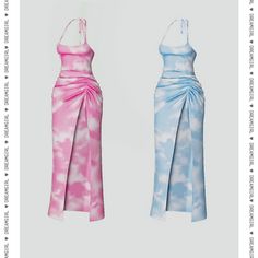 two dresses with different colors and patterns on them, one in pink and the other in blue