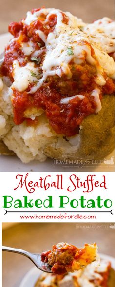 meatball stuffed baked potato casserole with tomato sauce and mozzarella cheese