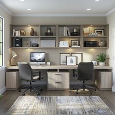 Optimized Business Images for Website: Work From Home Home Office Ideas Big Room, 2 Office Desk In One Small Room, Built In Office For Two, Office Wall With Window, U Shape Office Layout, Work Office Ideas Business, Wfh Room Setup, Small Home Office Two Desks, Desk With Cabinets Above