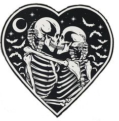 two skeletons in a heart with bats and stars on the night sky, one is hugging the other