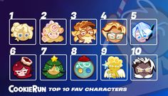 cookie run top 10 characters in each character's face and number, all with different expressions