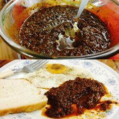 two pictures side by side one has bread and the other has chili on it with an egg in it