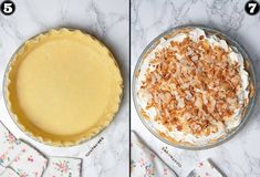 two pictures showing how to make a pie crust with coconut flakes on the top