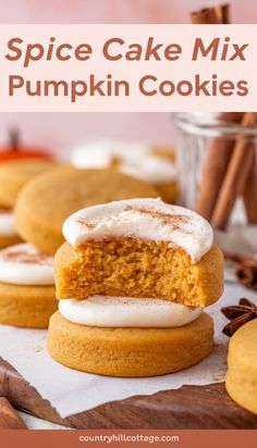 pumpkin spice cake mix cookies with white frosting