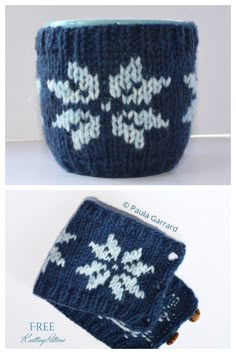 two pictures showing the same blue and white knitted cup cozying it's side by side