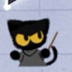 a black cat with yellow eyes holding a stick in its hand and wearing a gray shirt