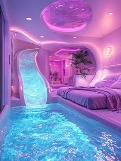 a bed room with a large pool and a slide in the floor next to it