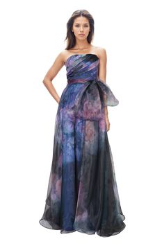 Strapless Organza Gown With Belt Strapless Organza Evening Dress With Ruched Bodice, Strapless Organza Evening Gown, Luxury Multicolor Organza Gown, Pre-draped Organza Evening Dress, Multicolor Organza Floor-length Dress, Gown With Belt, Strapless Organza, Organza Gown, Printed Organza