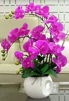 a white vase filled with purple flowers on top of a table