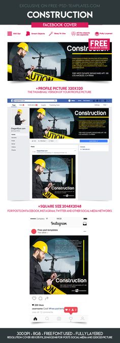 the construction company website is displayed in three different colors and font styles, including red, yellow