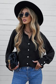 Black Oversized Boyfriend Button Shirt Oversized Black Button-up Shirt, Trendy Black Collared Shirt, Casual Black Collared Blouse, Black Button-up Casual Top, Black Button-up Tops For Spring, Oversized Black Tops With Buttons, Oversized Black Top With Buttons, Casual Black Blouse With Button Closure, Casual Black Top With Button Cuffs