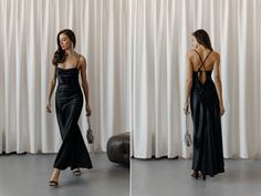 Gorgeous black V-neck floor satin dress. Backless black dress maxi length. Sleeveless black event dress.  Material: Silk + polyester Colors:  Black, Emerald, Milky White, Royal Blue, Sky Blue, Red, Hot Pink, Beige Gold, Sage Green Size/ Length: Xs,S,M- 128cm, L, XL-130cm Model on the photo: 171 cm-67,3'', S size We can customize length for you as well. PRODUCT CARE - It is recommended to handwash 30oC. -twist carefully FREE DELIVERY USA and CANADA. If you need our help in any question or concern, please reach out to us and we will help you out. Undine Muse Team. Satin Dress Backless, Backless Black Dress, Black Dress Maxi, Dress Date, Black Backless Dress, Silk Satin Dress, Event Dress, Dress Backless, Dress A Line