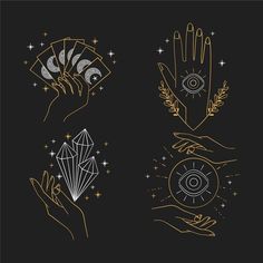 four different hand designs with gold and white accents on black background, including two hands holding an