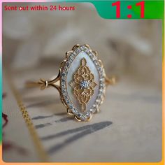 White shell hollow lace inlaid with zircon s925 sterling silver gold-plated ring, niche design sense Faerie Ring, Vintage Wedding Ring, Hollow Ring, Fairy Ring, Fairy Charms, Vintage Style Rings, Jewelry Lookbook, Wedding Rings Vintage, Delicate Rings