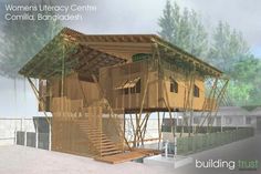 an artistic rendering of a building made out of bamboo sticks and wood with the words women's library centre commlia bangladesh