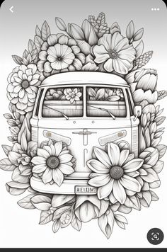 an old vw bus with flowers on the front and back window, in black and white