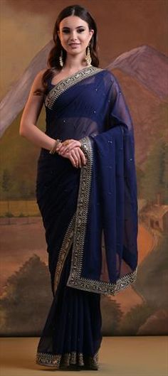 Blue color Saree in Georgette fabric with Embroidered, Sequence, Thread work Elegant Blue Saree With Intricate Embroidery, Formal Blue Saree With Resham Embroidery, Blue Festive Saree For Formal Occasions, Blue Formal Saree For Festive Occasions, Formal Blue Saree, Festive Blue Formal Saree, Formal Blue Saree With Zari Work, Formal Blue Saree With Cutdana, Blue Saree With Resham Embroidery For Celebration