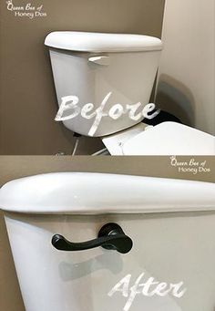 before and after pictures of a white toilet