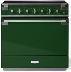 a green stove with four burners and two oven doors on each side, in front of a white background