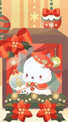 a hello kitty christmas card with red bows