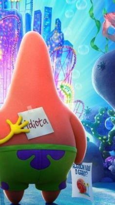 an inflatable character with a name tag on his chest stands in front of a colorful background