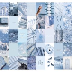 a collage of blue and white images