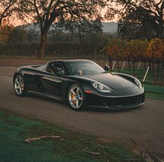 a black sports car parked on the side of a road near trees and bushes at sunset