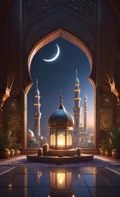 an image of a mosque at night with the moon in the sky