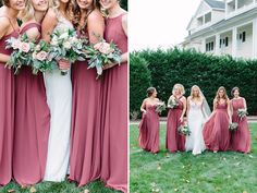 the bride and her bridesmaids are posing for pictures