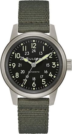 Bulova VWI Special Edition Men's Hack Watch (96A259) (SKU: 96A259) PRODUCT FEATURES 3 Hand Hack Feature Automatic Case Width (mm): 38 Lug Width (mm): 18 Dial: Luminous Hands and Markers Strap Type: Nylon Case Material: Silver-Tone Stainless Steel Clasp: 3pc Wire Strap Buckle Crystal: Double Domed Mineral Crystal Water-Resistance: 0030M PRODUCT DESCRIPTION Celebrating Bulova’s military heritage and the Veteran’s Watchmaker Initiative, a nonprofit organization whose focus is to teach war veterans, especially disabled veterans, the highly skilled art of watchmaking. The updated HACK watch features a Miyota 8S20-43A three-hand 21-jewel automatic movement with a 42 hour power reserve. The stainless steel case with a black dial and luminescent hands and markers also features a center track on th Bulova Watches Women, Bulova Watches, Field Watches, Diamond Watch, Watch Movement, Minerals Crystals, Automatic Watch, Military Green, Watch Design