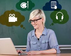 a woman sitting at a table with a laptop in front of her and thought bubbles above her