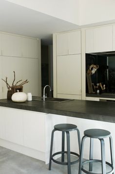 two stools are in front of the kitchen counter