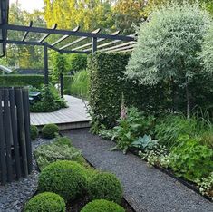 a garden with lots of green plants and rocks in the center, along with a wooden walkway