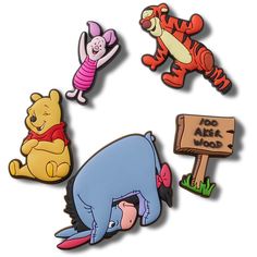 winnie the pooh and tigger pin set on white background with wooden sign in foreground