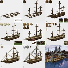 several different types of wooden crosses on a boat in the water, and an image of a pirate ship