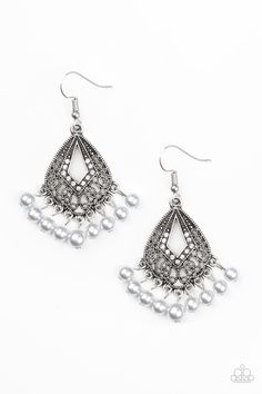 A pearly silver fringe swings from the bottom of an ornate silver frame radiating with glassy white rhinestones for a refined look. Earring attaches to a standard fishhook fitting.

 Sold as one pair of earrings. Gatsby Earrings, Fish Hook Earrings, White Rhinestone, Paparazzi Accessories, Paparazzi Jewelry, Gatsby, Silver Pearls, Silver Frame, Vintage Accessories